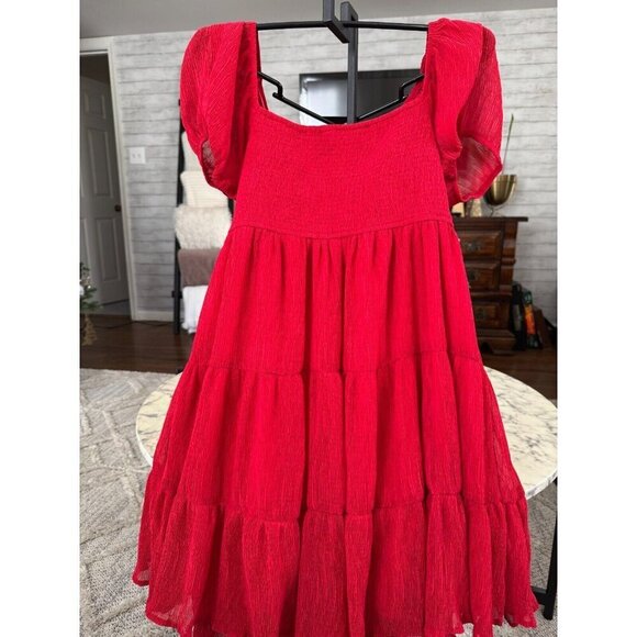 Altar'd state Red Short Sleeves Square Neck Baby Doll Mini Dress Womens Size L - Picture 2 of 8